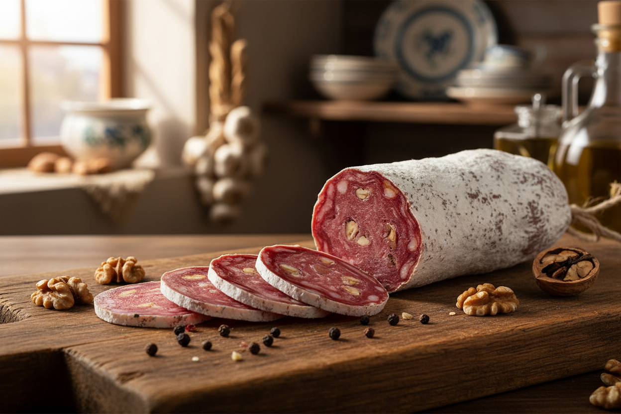 italienische Salami mit Walnussstücken, aussen Edelschimmel
